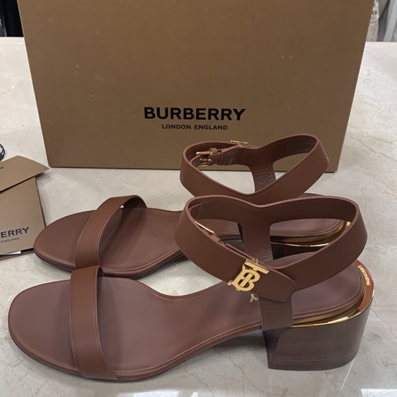 BURBERRY ALF HOLLYWELL 50 BLOCK HEEL SANDALS TAN WITH GOLD TB SIDE STRAP LOGO 40 - Picture 7 of 13